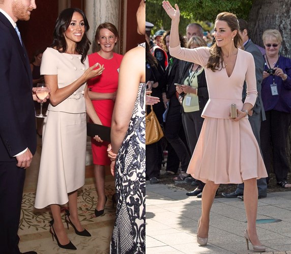 Kate Middleton và Meghan Markle cùng thanh lịch trong trang phục hồng. Meghan diện váy của Prada tại giải thưởng Young Leaders Awards tháng 6/2018. Kate diện thiết kế của L.Kennett trong chuyến thăm đến Adelaide, Australia vào tháng 4/2014.  