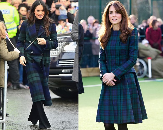 Meghan diện áo choàng Burberry khi đến thăm Scotland với Hoàng tử Harry vào tháng 2/2018. Trong khi đó, Kate mặc váy có họa tiết tương tự của Alexander McQueen khi tham gia lễ hội Ngày Thánh Andrew vào năm 2012.  