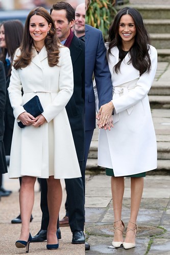 Kate Middleton và Meghan Markle cùng thanh lịch với áo choàng trắng.  