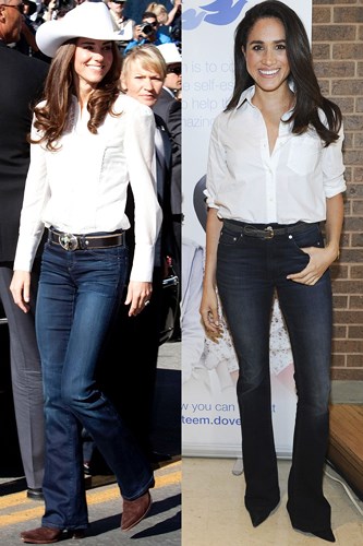 Cả hai trông năng động, khỏe khoắn với áo trắng và quần jeans ống loe.  