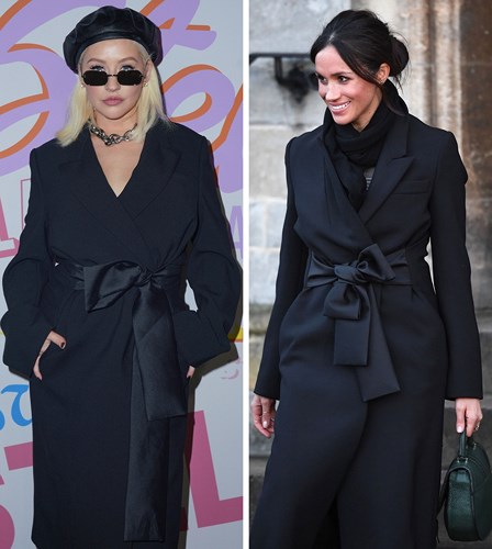 Christina Aguilera and Meghan Markle kín đáo trong áo khoác đen với điểm nhấn là chiếc nơ to bản ở phần eo. Trong khi Christina Aguilera toát lên thần thái sang chảnh thì Nữ công tước xứ Sussex lại mang vẻ thanh lịch.  