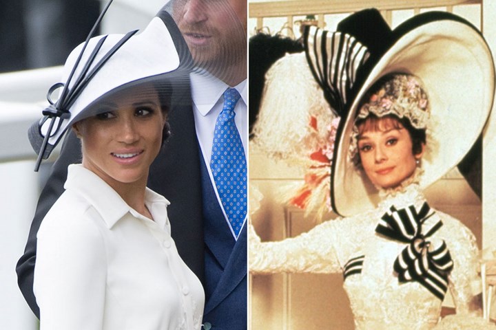 Trang phục của Nữ Công tước xứ Sussex gợi nhớ đến biểu tượng điện ảnh Audrey Hepburn vào vai nàng  Eliza Doolittle trong phim My Fair Lady. Chiếc mũ trắng của Meghan được cho là lấy cảm hứng từ chiếc mũ khổng lồ cuả Audrey.    