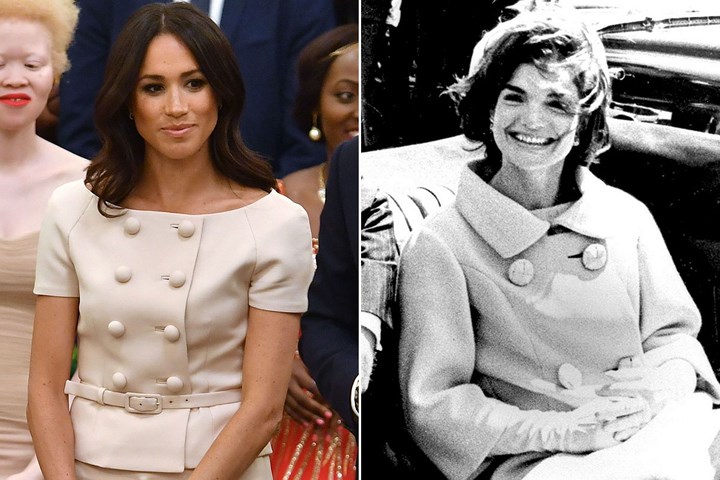 Không có điểm khác biệt mấy trừ phần cổ áo giữa trang phục của Đệ nhất phu nhân Jacqueline Kennedy những năm 60 và Công nương xinh đẹp nước Anh Meghan Markle.    