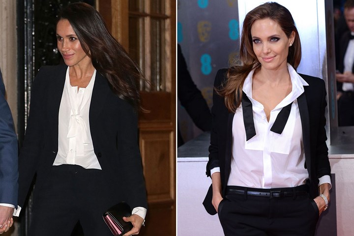 Nữ quyền, cá tính và thời thượng, đó là những gì người ta nhìn thấy ở Meghan Markle và Angelina Jolie với bộ vest và áo sơmi trắng này.