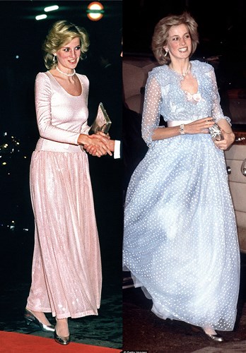 Tông màu hồng phấn và xanh nhạt được Công nương Diana sử dụng linh hoạt với chất liệu làm tăng sự mềm mại và nữ tính.   