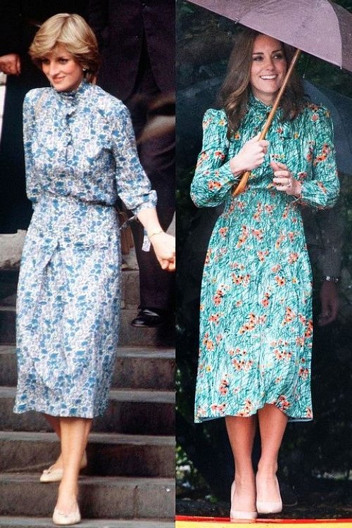 Trong chuyến thăm vườn tưởng niệm công nương Diana, Kate Middleton chọn đầm hoa xanh lơ giống màu áo mẹ chồng từng mặc.    