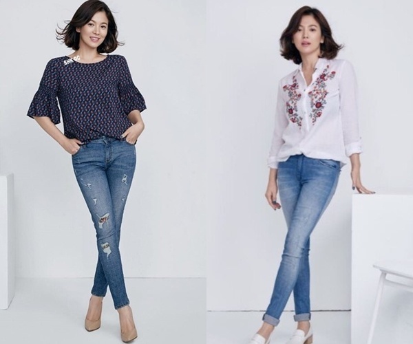 Dù không cao ráo nhưng bù lại Song Hye Kyo lại có đôi chân thon nên quần skinny jeans cũng được cô khá yêu thích bởi item này giúp cô khoe khéo đôi chân thẳng nuột của mình.    