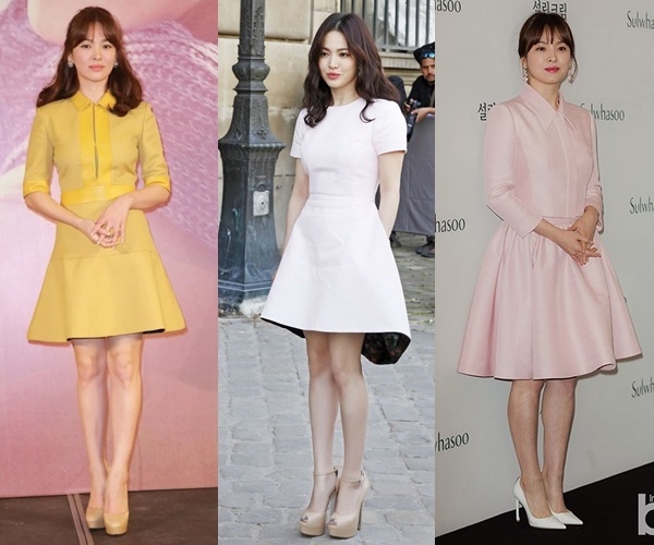 Tất nhiên, làm nên thương hiệu thời trang thanh lịch của Song Hye Kyo không thể không kể đến những mẫu váy liền dáng xòe có màu sắc tươi sáng và ngọt ngào tôn da.    