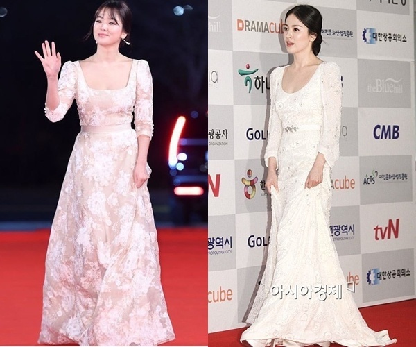 Tại các sự kiện thảm đỏ lớn, Song Hye Kyo lại khoe vẻ xinh đẹp đài các trong những thiết kế váy dạ hội màu trắng tinh khôi với chất liệu ren nữ tính.    