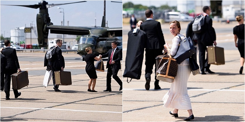 Tháp tùng sau đó là loạt túi xách, vali đến từ thương hiệu “sang chảnh” Louis Vuitton được mang theo bởi các nhân viên trợ lý của phu nhân và Tổng thống Mỹ.    