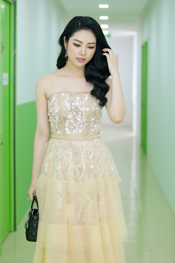 Hoa hậu các dân tộc Việt Nam 2013 Ngọc Anh chọn đầm quây đính kết trên nền vải xuyên thấu màu pastel để khai thác nét đẹp dịu dàng.    