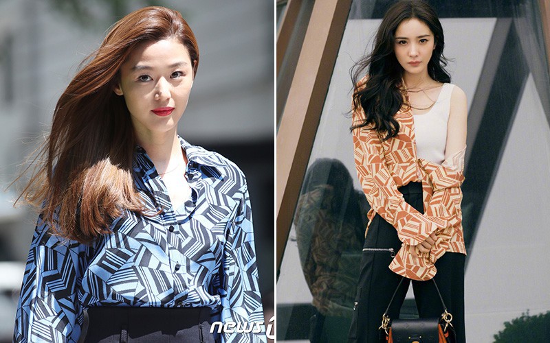 Cùng diện 1 chiếc áo, nhưng Jeon Ji Hyun và Dương Mịch lại có cách mặc hoàn toàn khác nhau. Nếu như Jeon Ji Hyun thiên về nét đơn giản, thanh lịch thì Dương Mịch lại có phần cầu kỳ, cá tính hơn.    