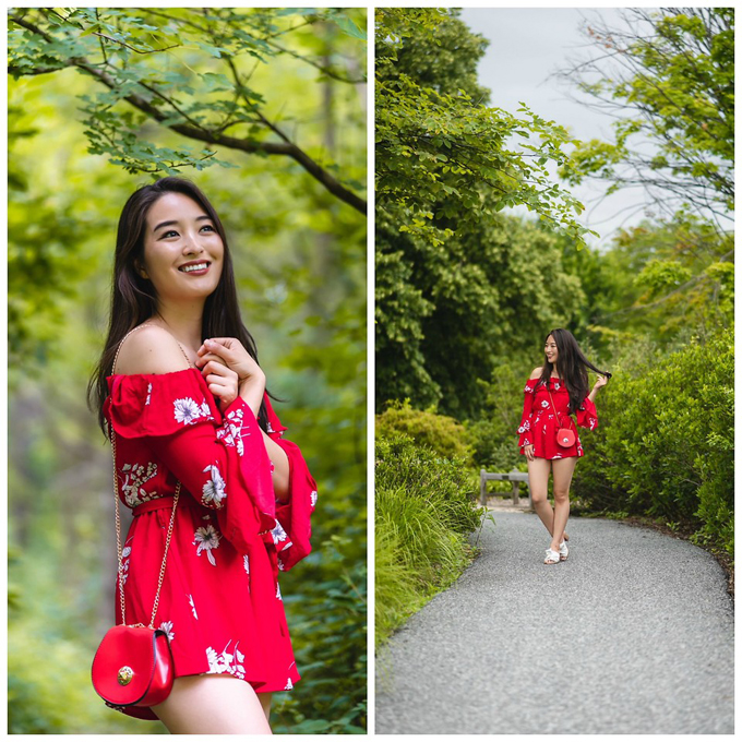 Playsuit đỏ tươi với kiểu dáng trẻ trung. Trang phục thiết kế dáng ngắn sẽ giúp các bạn gái tôn chiều cao đáng kể.    