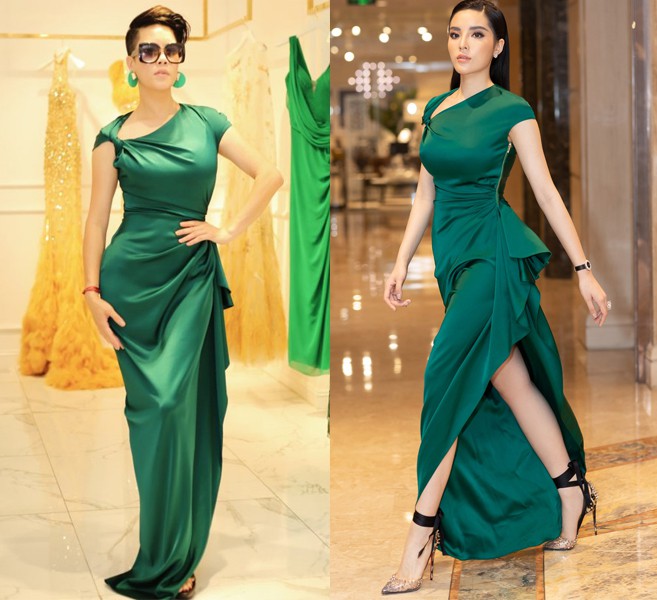 Không hẹn mà gặp, cả hai người thuộc hai thế hệ khác nhau, dù diện chung một bộ đầm xanh ngọc nhưng vẫn là hai cá tính thời trang hoàn toàn khác biệt.