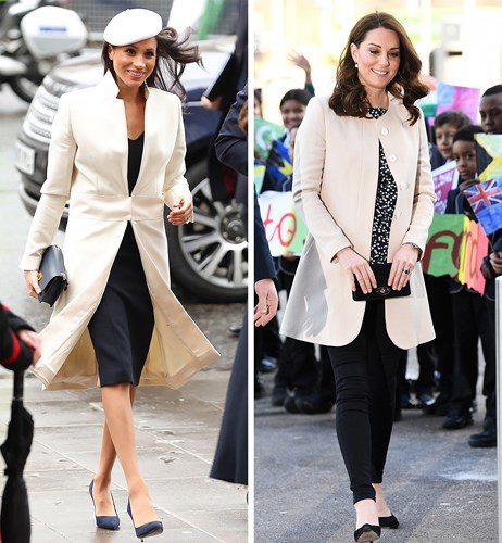 Khi cùng chọn áo khoác trắng, công nương Kate chọn áo dáng ngắn, ôm sát cơ thể,còn nữ diễn viên “Suits” chọn măng tô với điểm nhấn đai thắt lưng.   