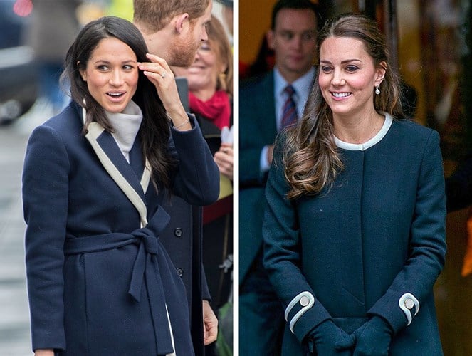 Hai nàng dâu Hoàng gia Anh đã diện một thiết kế tông xanh đậm mà không hề gây nhàm chán với điểm nhấn là sắc trắng ở cổ và tay áo. Bộ trang phục nâng tầm nét đẹp thanh lịch của Kate và Meghan.  