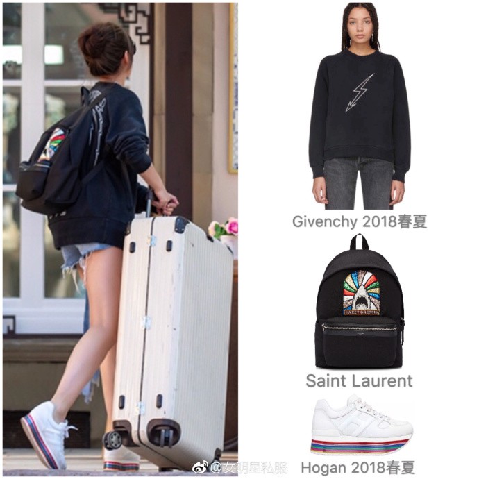 Nhìn thì đơn giản nhưng set đồ của cô nàng có giá trị chẳng nhỏ chút nào, từ áo nỉ Givenchy hơn 16 triệu đồng, balo Saint Laurent 30 triệu đồng và sneaker Hogan 14 triệu đồng.    
