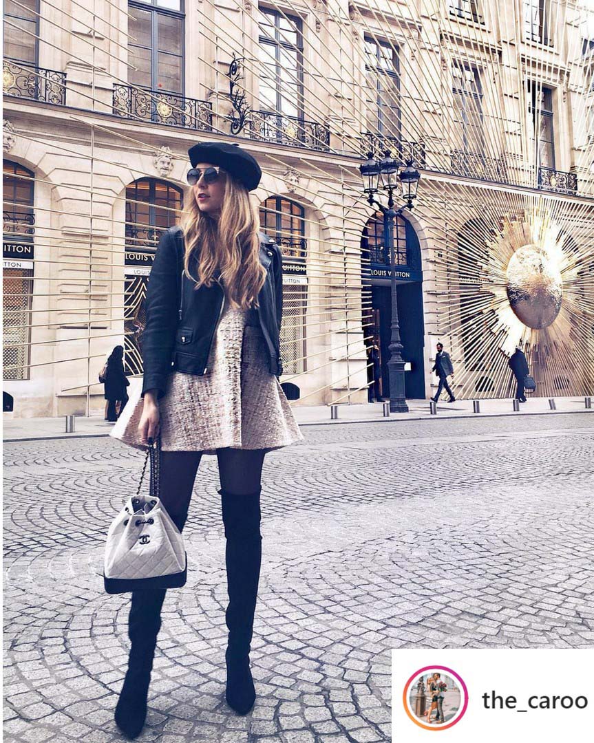 Gợi ý đầy nữ tính và thu hút của một blogger thời trang Pháp, Pardon My Obsession với áo khoác da hiện đại và mũ nồi cổ điển.    