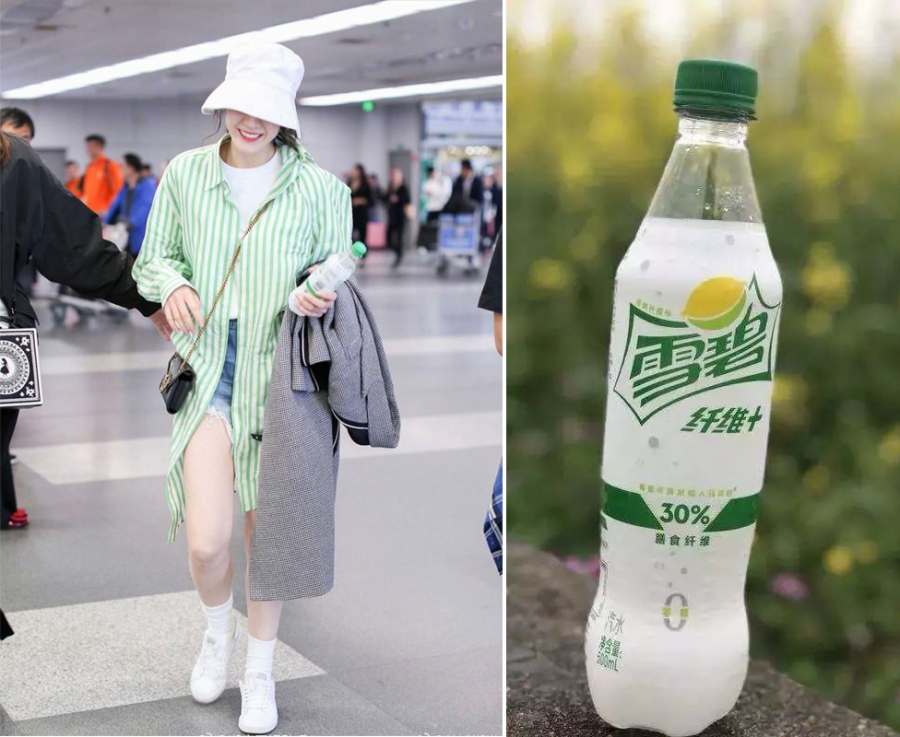 Một lần khác đại diện cho dòng nước uống, cô nàng cũng chọn luôn set đồ với 2 tông xanh – trắng khi ra sân bay.    