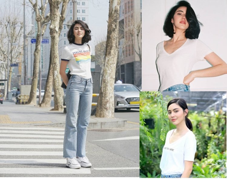 Công thức “ruột” của nữ diễn viên người Thái là áo phông sơ vin với quần jeans cạp cao, trong đó áo phông trắng là item xuất hiện nhiều hơn cả.  