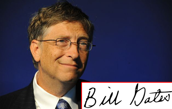 Chữ ký đơn giản, khá tròn trịa của Bill Gates – nhà sáng lập tập đoàn công nghệ Microsoft. Ông sinh năm 1955, mệnh Kim, khá đúng với nguyên tắc nêu trên khi chữ ký có ký tự gần như những hình tròn.