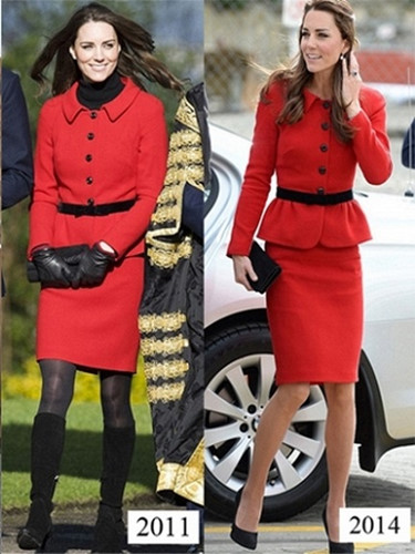 Lần xuất hiện trước công chúng năm 2017, công nương Kate đã diện một bộ suit ôm dáng màu đỏ, có viền xòe nhẹ ở gấu áo. Bộ trang phục này đã từng được cô mặc nhiều lần vào năm 2011, 2014. Tuy nhiên, vào năm 2017 công nương trở nên nhẹ nhàng hơn là không dùng thêm phụ kiện nào ngoài một chiếc túi màu đen.