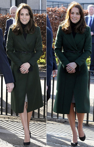 Trong buổi đến tham dự các dự án từ thiện tại trường học Edinburg, Kate Middleton diện một chiếc áo choàng sang trọng hiệu hiệu MaxMara của Ý. Công nương Anh đã mặc chiếc áo choàng này khi đi nhà thờ với Hoàng tử William vào dịp Giáng Sinh 2015. 