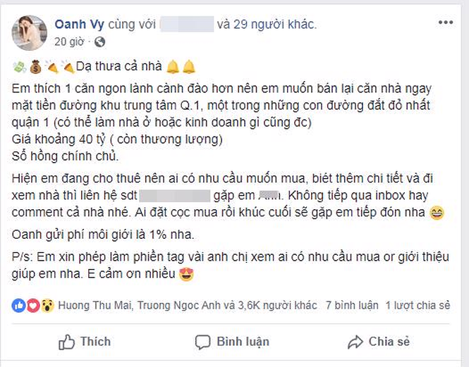 Ca sĩ Vy Oanh khiến khán giả bất ngờ khi rao bán biệt thự ở trung tâm Quận 1, Tp.HCM với giá trị khoảng 40 tỷ đồng trên mạng xã hội.    