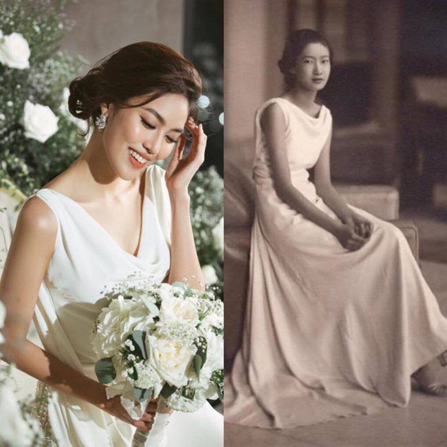 1 trong những thiết kế váy cưới của Lan Khuê được lấy cảm hứng từ bộ váy cưới trắng tinh giản của Nam Phương Hoàng hậu trong ngày cưới.    