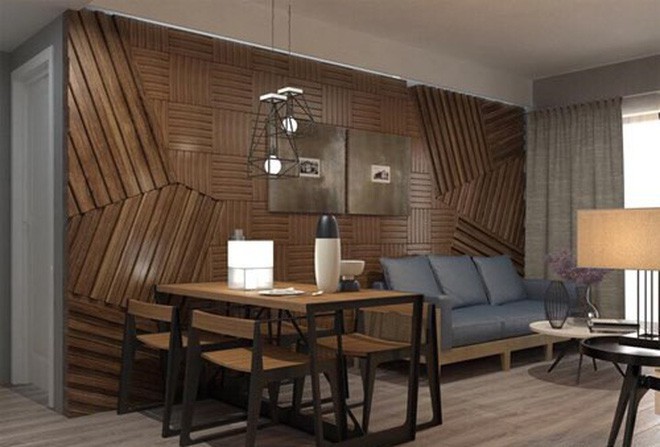 Khoảng tường gỗ họa tiết làm điểm nhấn đẹp cho phòng khách - ăn    