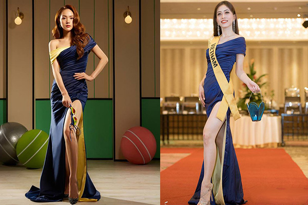 Với bộ đầm thiết kế lệch vai tông vàng/navy của NTK Võ Thanh Can này, cả Minh Hằng và Phương Nga đều