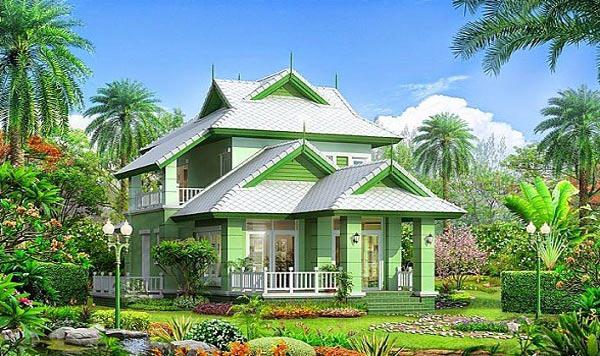 Một mẫu biệt thự nhà vườn 4 phòng ngủ hết sức nổi bật với gam màu xanh lá.