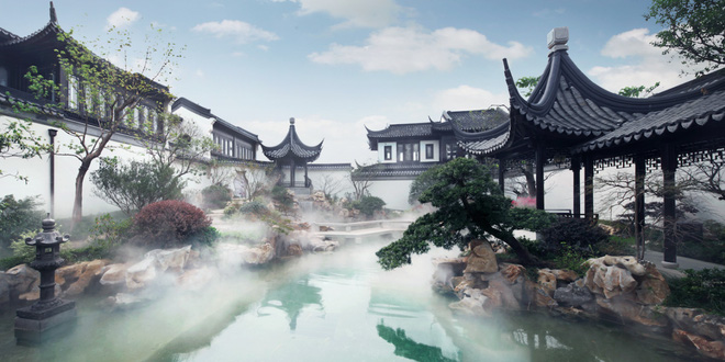 Phòng khách pha trộn nét hiện đại và truyền thống của Trung Quốc cho một cái nhìn hùng vĩ và choáng ngợp.    