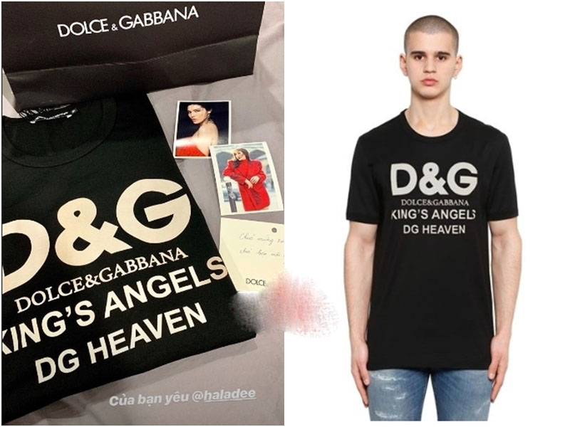 Hà Lade tặng Kỳ Duyên một chiếc áo phông của Dolce&Gabbana trị giá gần 7 triệu đồng. Đây là mẫu mới nằm trong bộ sưu tập đồ nam Thu Đông 2018/2019 của hãng.    