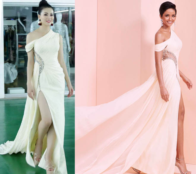 Phương Khánh chọn chiếc váy khác giống hệt H'Hen Niê trong quá trình luyện tập ở lò đào tạo hoa hậu hàng đầu Philippines, trước thời gian chính thức dự thi Miss Earth.    