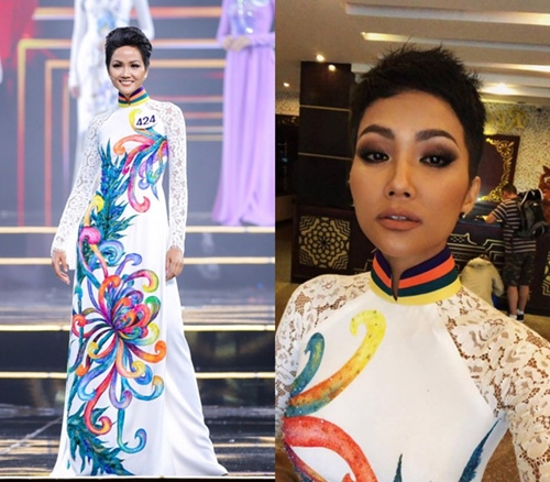 H'Hen Niê tận dụng chiếc áo dài đã diện trong đêm chung kết Hoa hậu Hoàn vũ Việt Nam 2017 trong một sự kiện sau đó. Thiết kế này thực sự rất hợp với vẻ đẹp sắc sảo của cô.    
