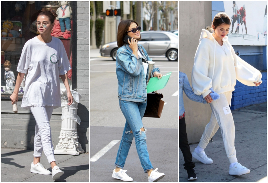Dù diện “all white” hay “all denim” thì đôi giày trắng vẫn giúp bộ trang phục của Selena hoàn thiện hơn.