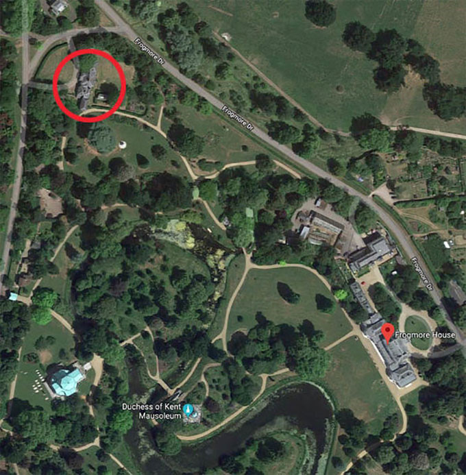 Frogmore Cottage (khoanh tròn) nằm trên khu đất có diện tích hơn 14 ha của Frogmore House. Nếu đúng theo dự kiến, vợ chồng Hoàng tử Harry sẽ đến ở đây vào mùa xuân 2019, cũng là thời điểm họ đón con đầu lòng. 