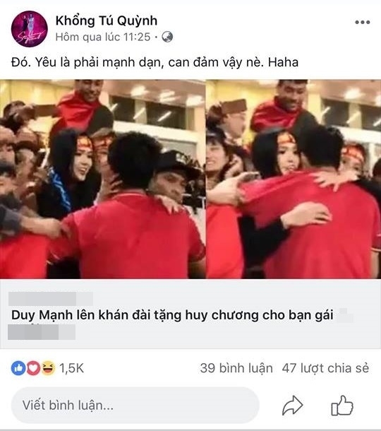 Nữ ca sĩ ghen tỵ với tình yêu của nam cầu thủ Duy Mạnh và bạn gái Quỳnh Anh.     