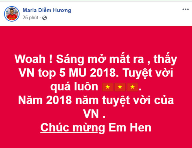 Hoa hậu Diễm Hương cũng rất bất ngờ trước thành tích của Hoa hậu Việt Nam và gửi lời chúc mừng đến H'hen Niê. Người đẹp cho rằng năm 2018 là năm tuyệt vời của Việt Nam.  