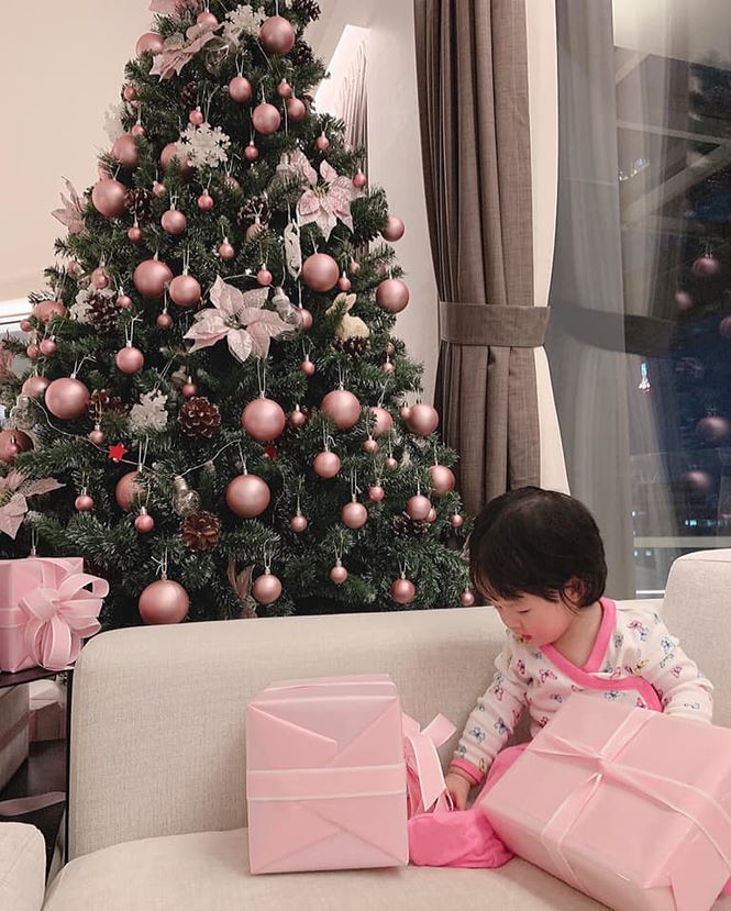 Hoa hậu Đặng Thu Thảo cũng rất háo hức chờ đón mùa Giáng sinh năm nay. Cô trang trí cây thông và gói quà với sắc hồng chủ đạo theo sở thích của con gái.  