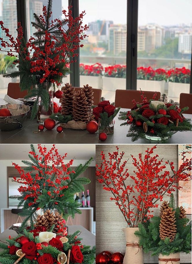 Giáng sinh năm nay, Hoa hậu Đặng Thu Thảo tự tay trang trí bàn ăn của gia đình ngập sắc đỏ và xanh, với phong cách vừa sang trọng, vừa hiện đại.    