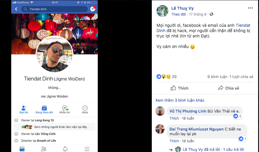 Lê Thụy Vy từng đăng facebook thông báo việc Đinh Tiến Đạt bị hack facebook cho thấy  mối quan hệ cả hai khá thân thiết.  