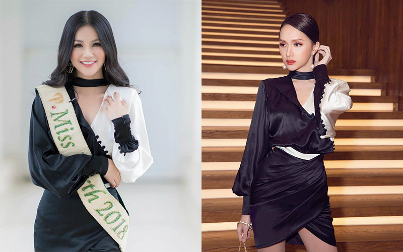 Hoa hậu Trái đất 2018 diện bộ váy hở ngực với gam trắng đen độc đáo. Thiết kế từng được Hương Giang diện trước đó. Tuy nhiên, bộ cánh của nữ ca sĩ được đánh giá tinh tế hơn với mái tóc buộc gọn gàng, cùng đôi hoa tai ngọc trai nổi bật. 