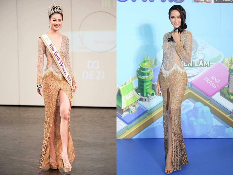 Sau khi đăng quang Miss Earth 2018, Phương Khánh xuất hiện trong mẫu đầm xẻ cao táo bạo, đính kết sequin lấp lánh. H'Hen Niê cũng diện thiết kế tương tự nhưng có thêm lớp vải voan đính kết trên ngực, để tránh sự cố lộ hàng không mong muốn. 
