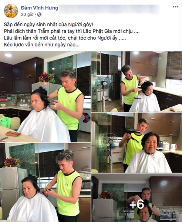 Đàm Vĩnh Hưng chia sẻ hình ảnh tự tay cắt tóc cho mẹ.    