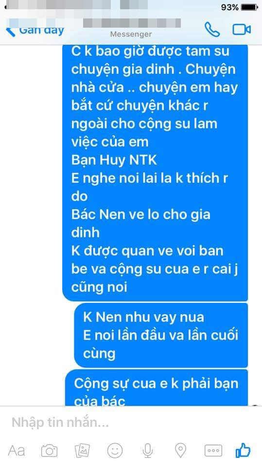 Phương Thanh cũng từng nhắn tin yêu cầu chị dâu không nói chuyện với cộng sự của cô.    