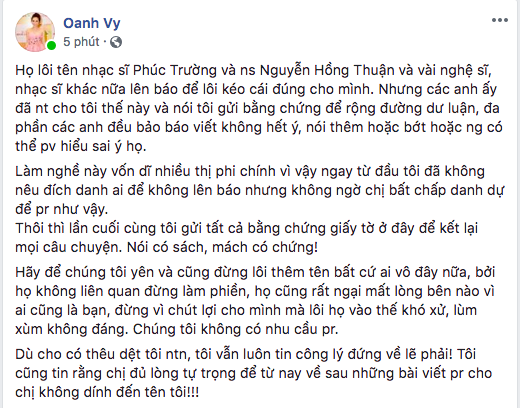 Vy Oanh viết dòng trạng thái mới nhất kèm bằng chứng cho thấy Minh Tuyết đã sai khi tự tiện hát lại ca khúc 