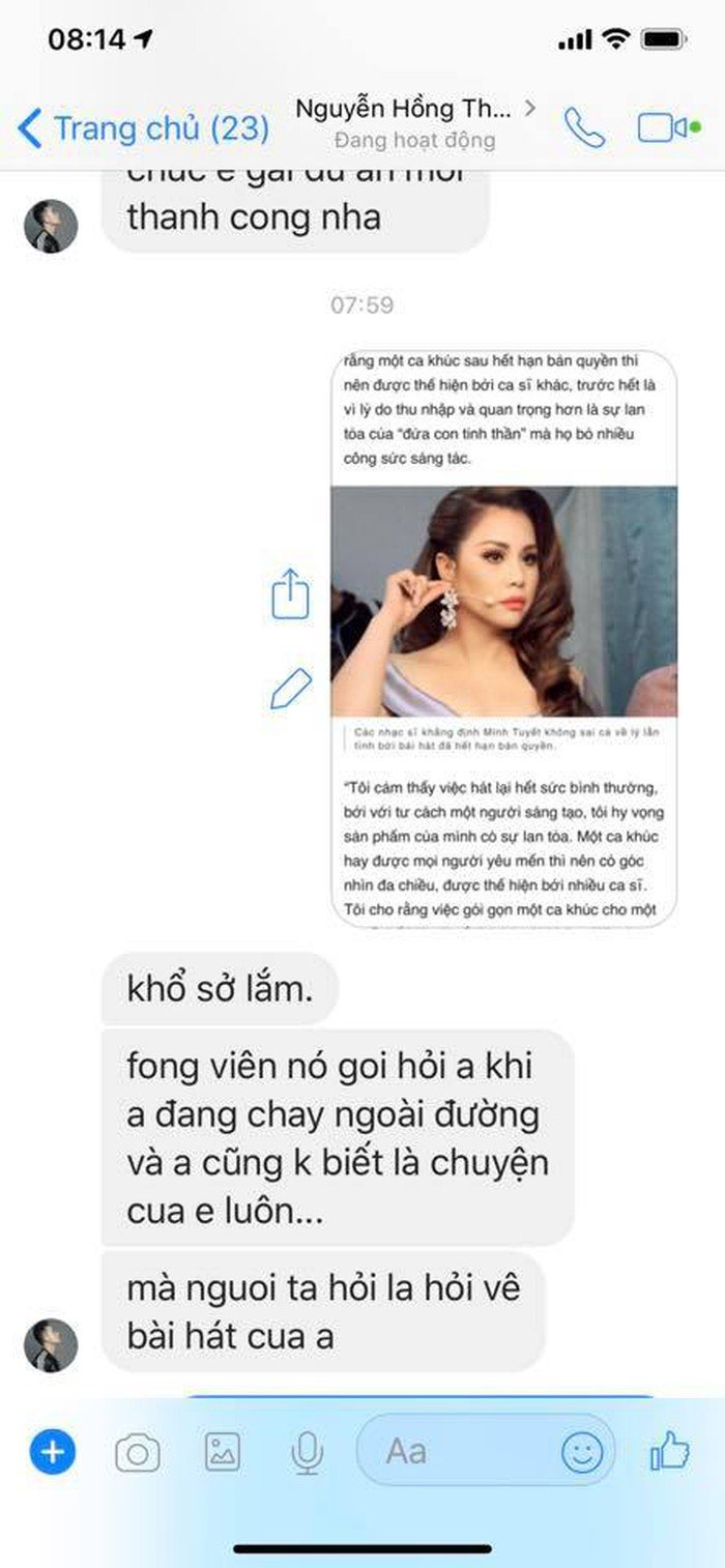 Tin nhắn giữa Vy Oanh cùng hai nhạc sĩ Phúc Trường và Nguyễn Hồng Thuận khiến nhiều người hoang mang vì trước đó trả lời trên truyền thông, hai người đều nghiêng về phía Minh Tuyết.    