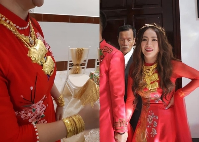 Ca sĩ MiA cùng bạn trai Triệu Vương đã tổ chức lễ cưới tại quê nhà Vĩnh Long vào ngày 7/1 vừa qua. Tuy không rõ “đằng gái” cho cô nàng bao nhiêu nhưng nhìn hình ảnh MiA “đi không nổi” vì vàng đeo trĩu trịt khiến ai nấy cũng đủ hình dung của hồi môn mà nhà gái cho cũng không phải là ít.